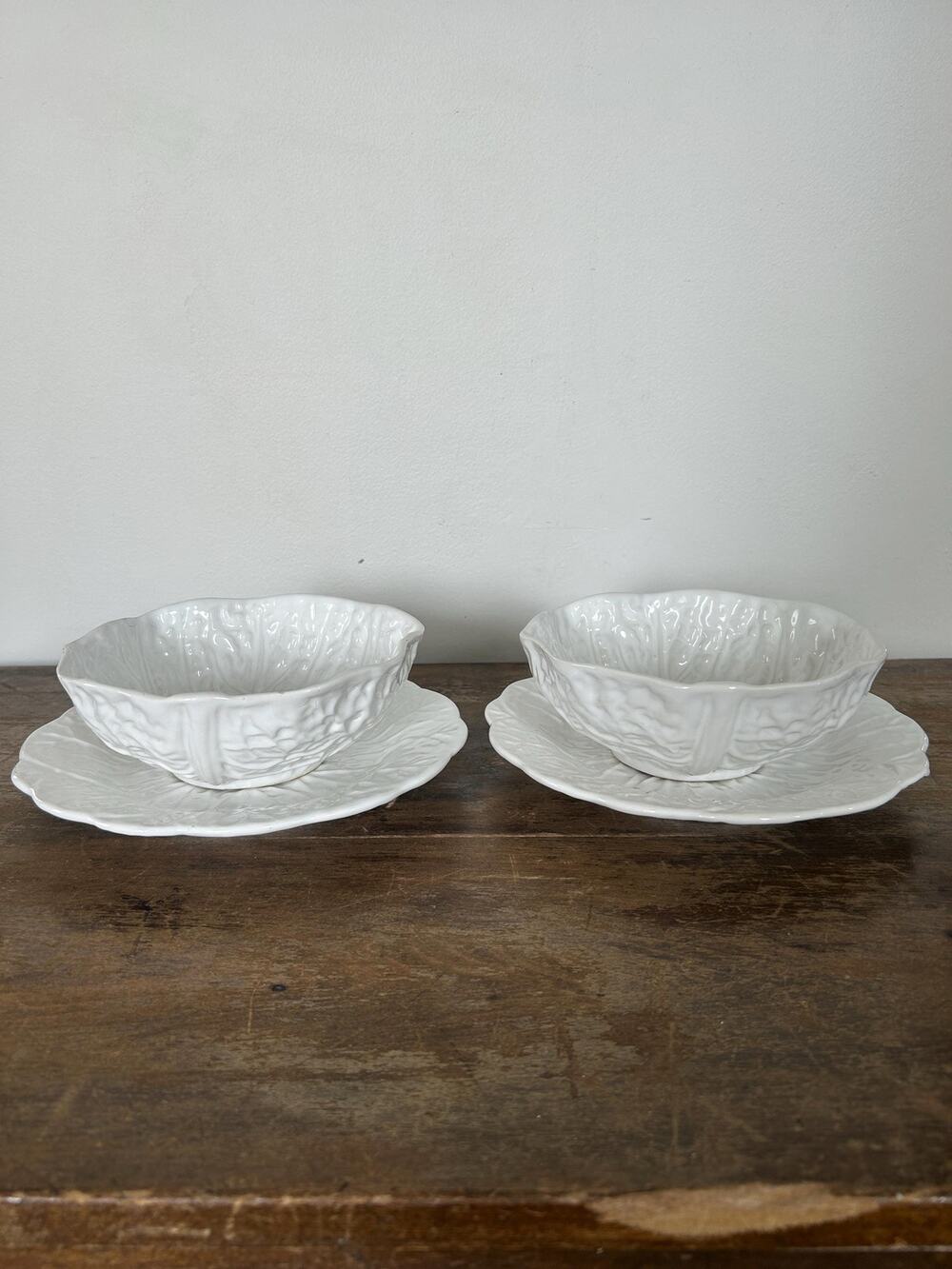 Vintage White Cabbage Bowl & Plate Set | Leaf | Cottagecore Farmhouse Dinnerware